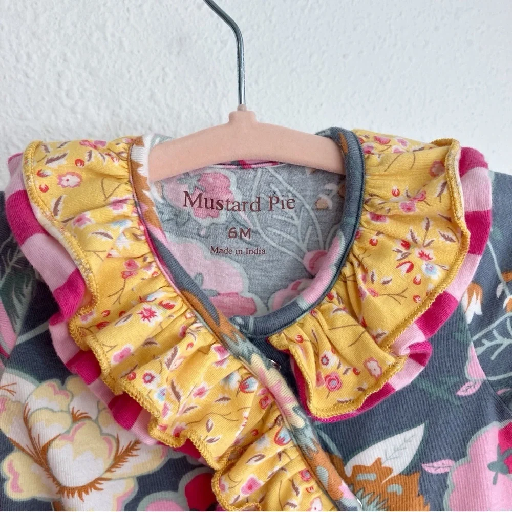 Mustard Pie ruffled footie sleeper gray w/ pink and yellow flower print 6 months